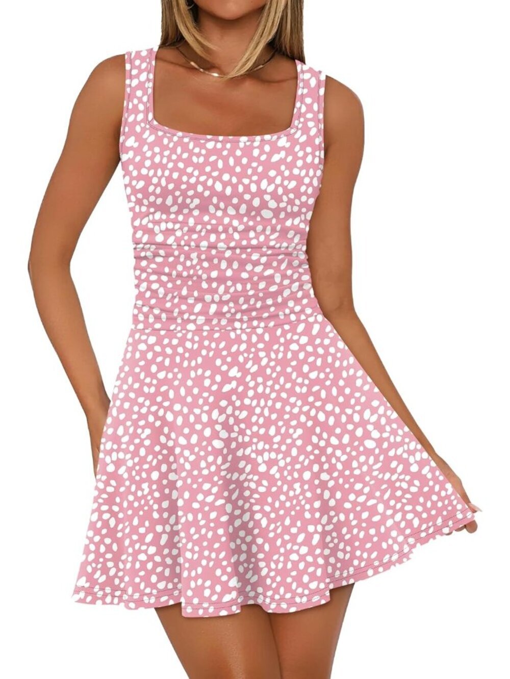 〽️Women's Print Leapord Square Neck Ruched Waist Fit Flare Pleated Mini Dress